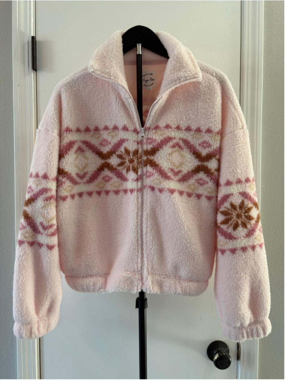Hippie Rose Cozy Sherpa Jacket Womens M Orchid Fair Isle Full Zip NWT